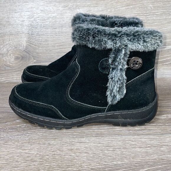 Khombu Iris Black Leather Warm Faux Fur Women’s Size 7M Slip On Zip Ankle Boot - Picture 3 of 12